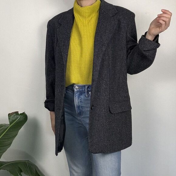 Vintage 80s 90s Wool Tweed Oversized Blazer Gray Donegal Style - Picture 2 of 14